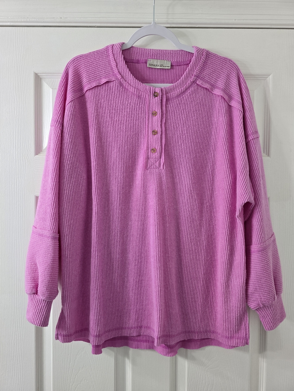 Zenana Pink Brushed Hacci Melange Henley Sweater - L/XL
